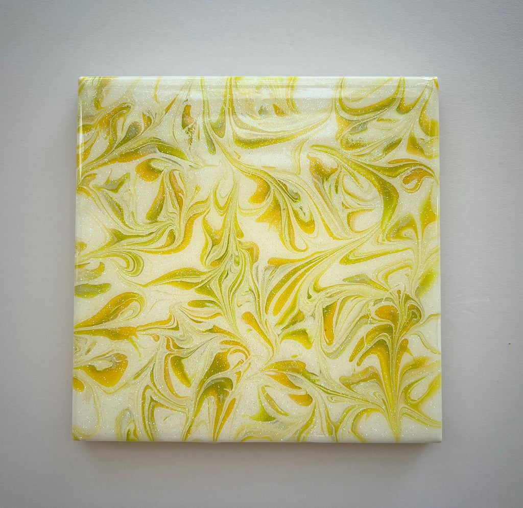 Hand Painted Tile Trivet: Yellow, Green, Iridescent Kitchen Art