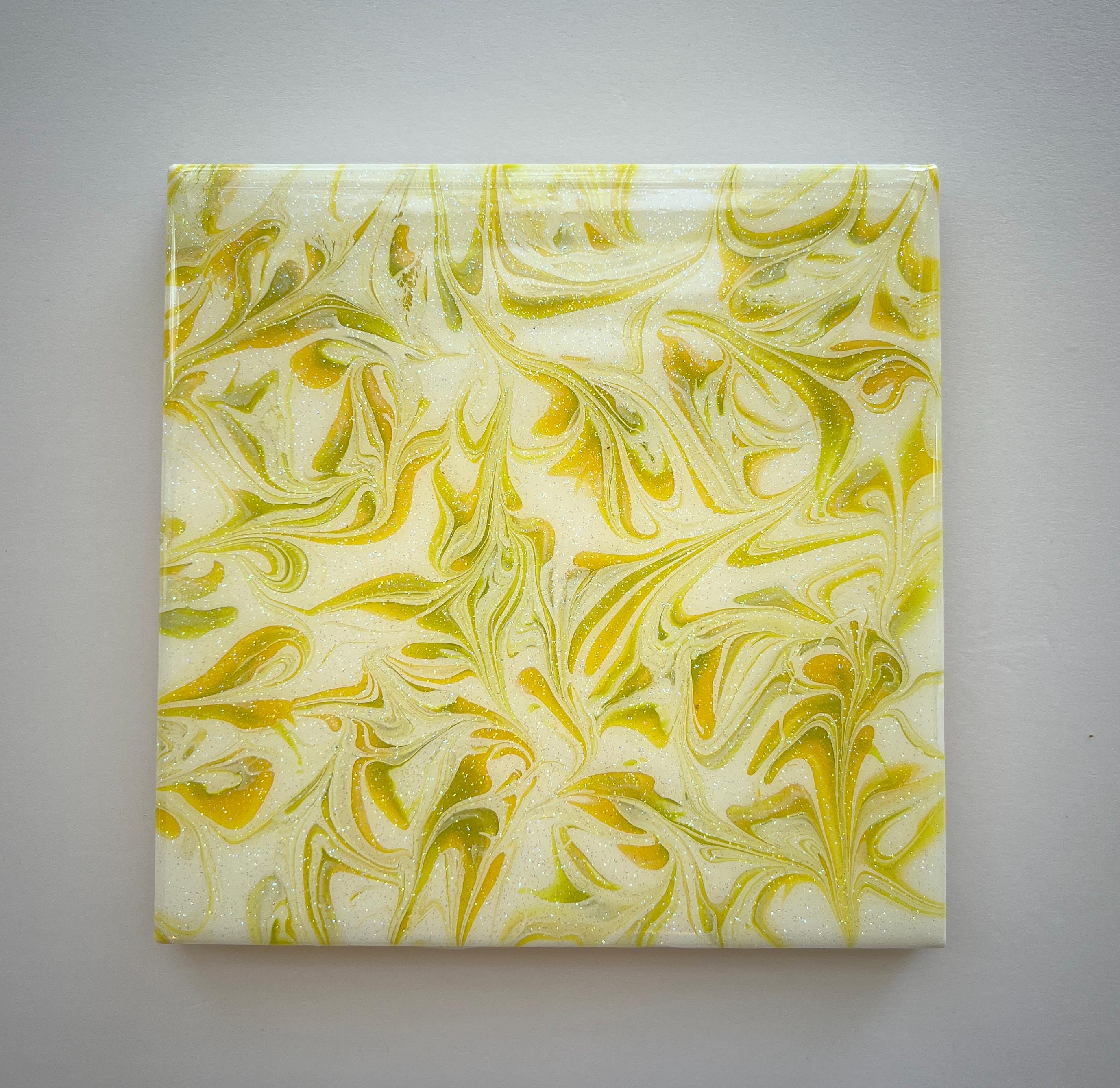 Hand Painted Tile Trivet: Yellow, Green, Iridescent Kitchen Art