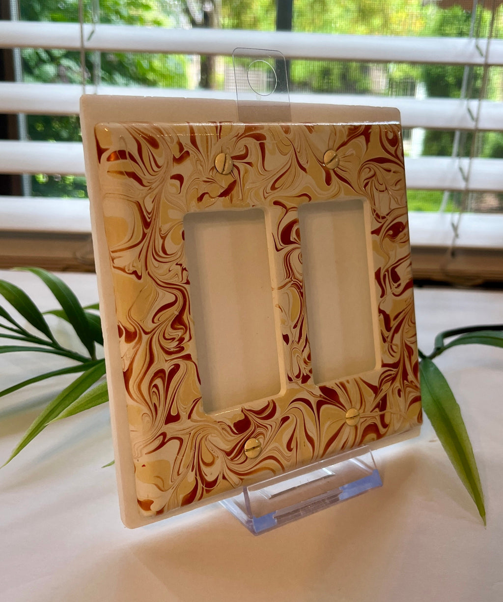 Hand Painted Double Decora Light Switch Plate: Rose Gold & Ivory Swirl