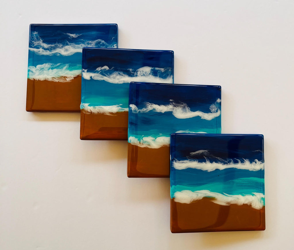 Coastal Ceramic Coasters – Set of 4 Beach-Themed, Hand-Painted & Resin Sealed Drink Coasters