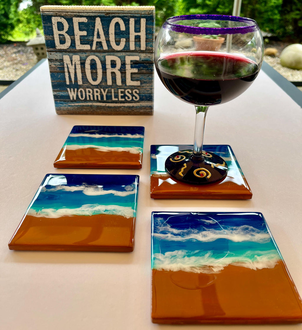 Coastal Ceramic Coasters – Set of 4 Beach-Themed, Hand-Painted & Resin Sealed Drink Coasters