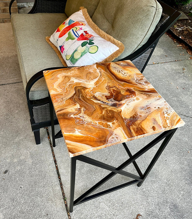 Unique Resin Art Accent Table | Gold & Brown Swirl with Glossy Epoxy Finish