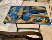 Hand-Painted Epoxy Resin C Table: Blue and Gold Marble Accent Table