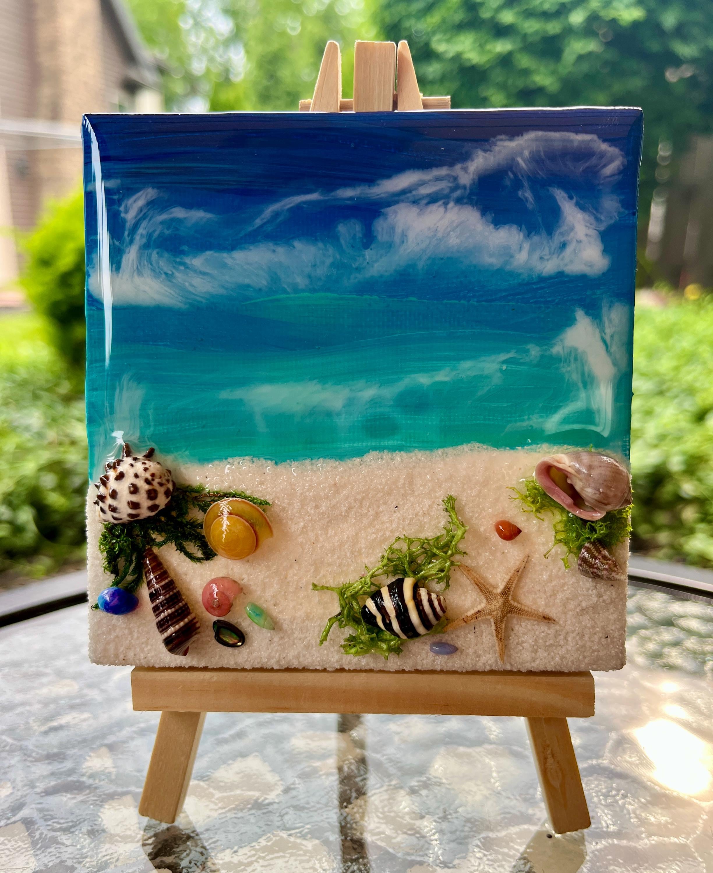 Miniature Beach Canvas Art: Real Sand & Seashell Seascape with Easel