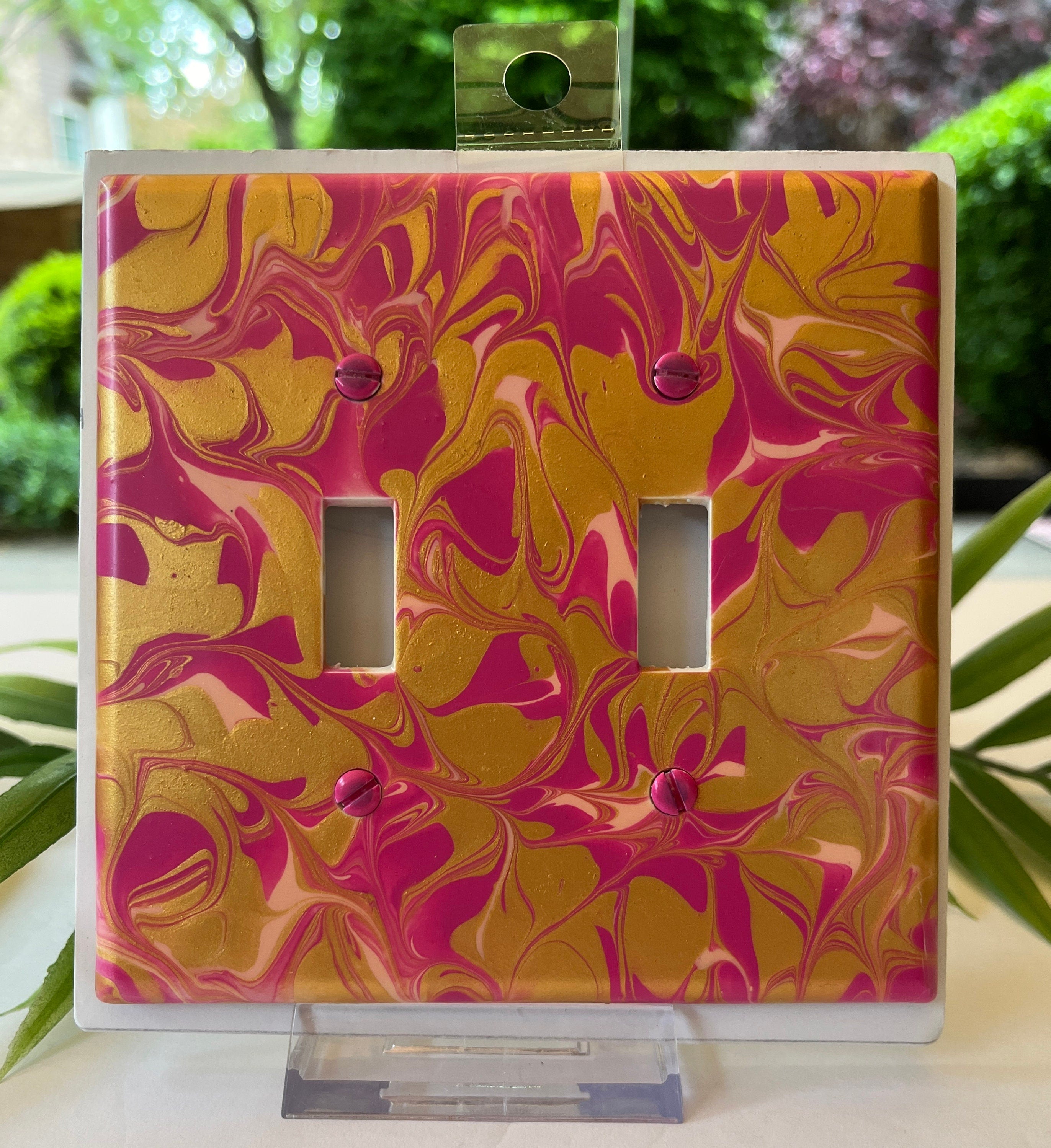 Hand Painted Double Light Switch Cover: Pink & Gold Paint Pour