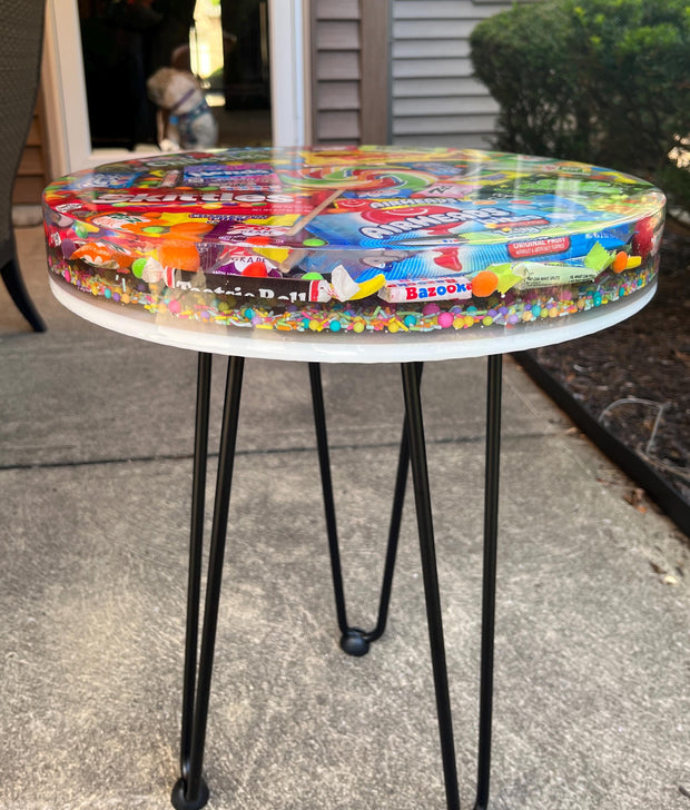 Candy-filled resin top accent table