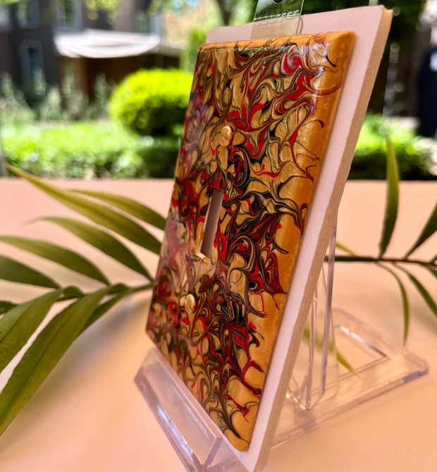 Hand Painted Single Toggle Switch Cover: Red, Black, and Gold Metallic