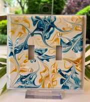 Hand Painted Double Toggle Light Switch Cover: Blue, Yellow, and White