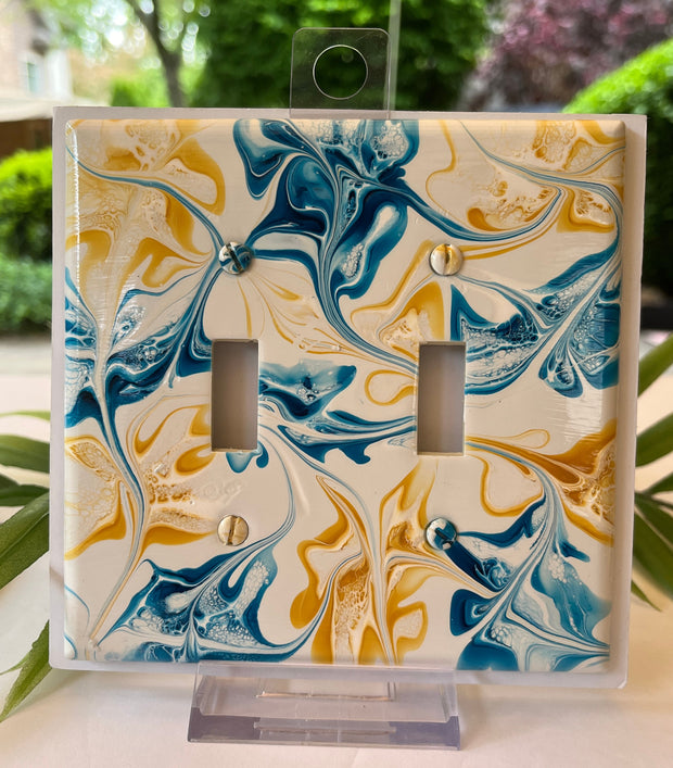 Hand Painted Double Toggle Light Switch Cover: Blue, Yellow, and White