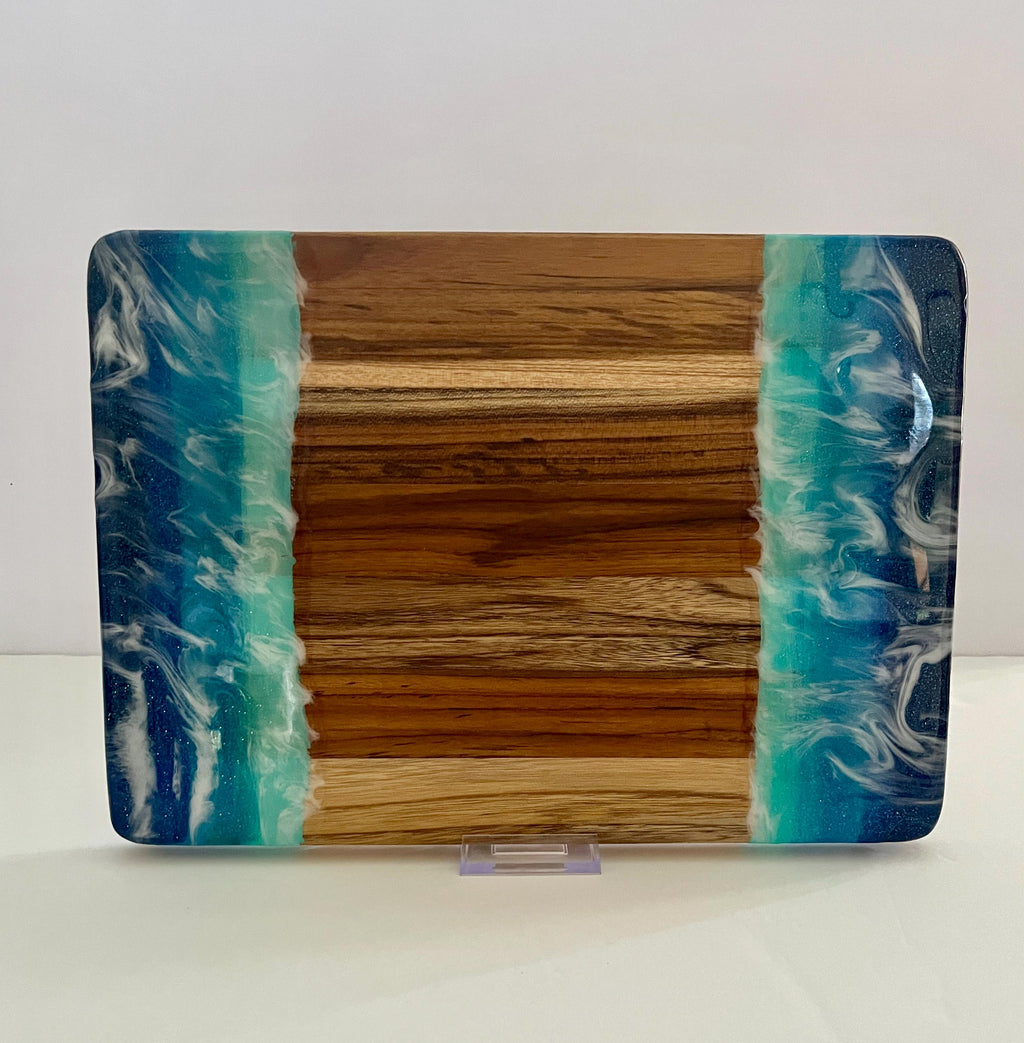 Ocean Resin Art Charcuterie Board: Acacia Wood Coastal Serving Tray