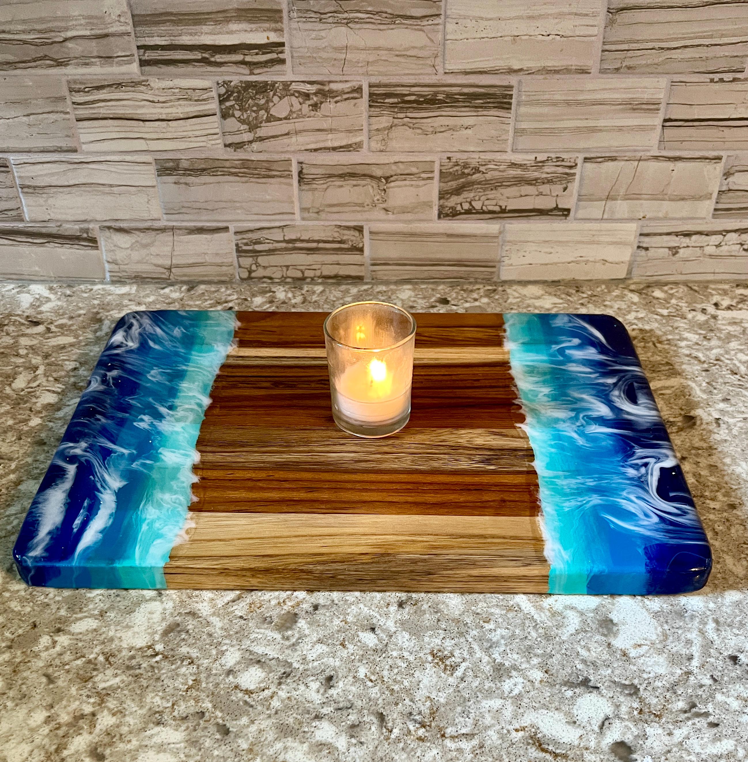 Ocean Resin Art Charcuterie Board: Acacia Wood Coastal Serving Tray