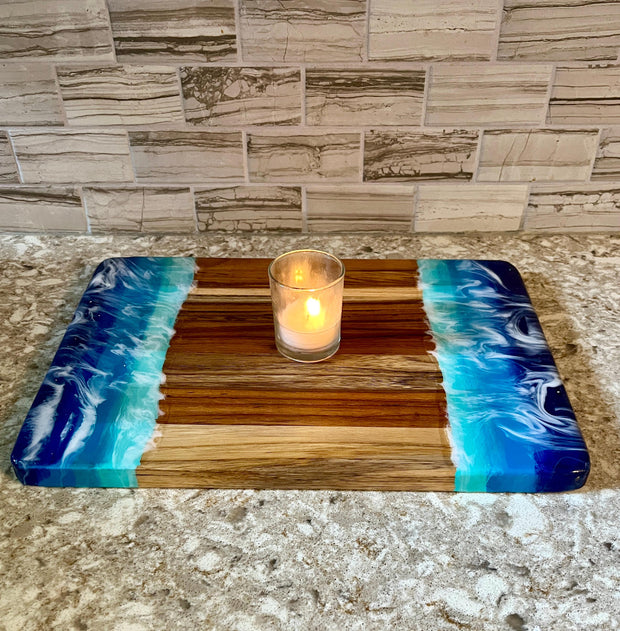 Ocean Resin Art Charcuterie Board: Acacia Wood Coastal Serving Tray