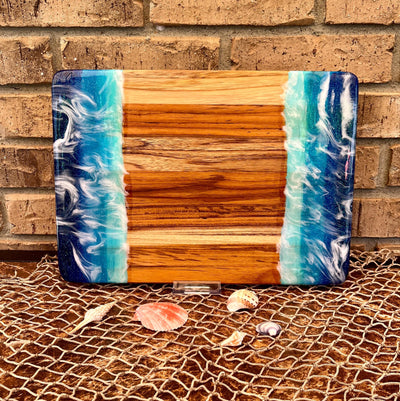 Ocean Resin Art Charcuterie Board: Acacia Wood Coastal Serving Tray
