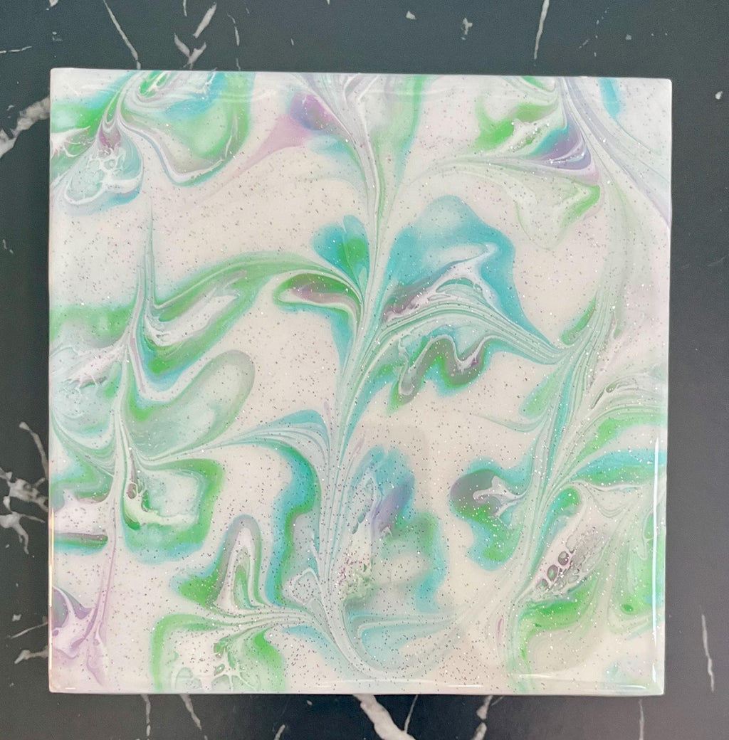 Hand Painted Blue, Green and Purple Tile Trivet,  Food-Safe, Heat-Resistant, One-of-a-kind Kitchen Art