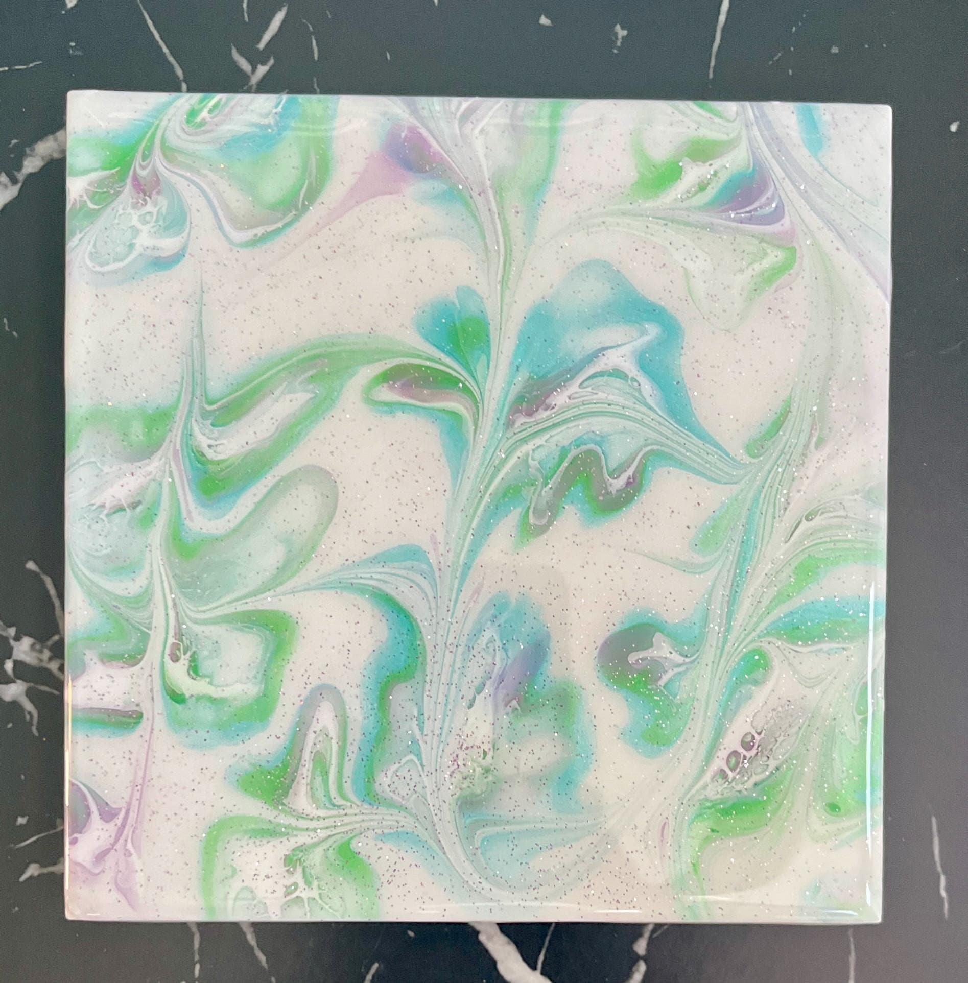 Hand Painted Blue, Green and Purple Tile Trivet,  Food-Safe, Heat-Resistant, One-of-a-kind Kitchen Art