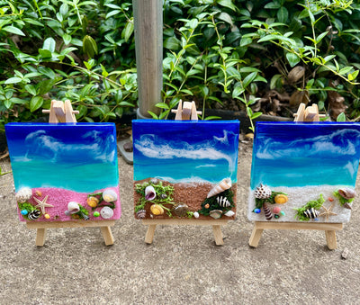 Miniature Beach Canvas Art: Real Sand & Seashell Seascape with Easel