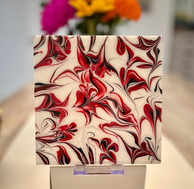 Hand Painted Red, Black and White Tile Trivet, Food-Safe, Heat-Resistant, One-of-a-Kind Kitchen Art