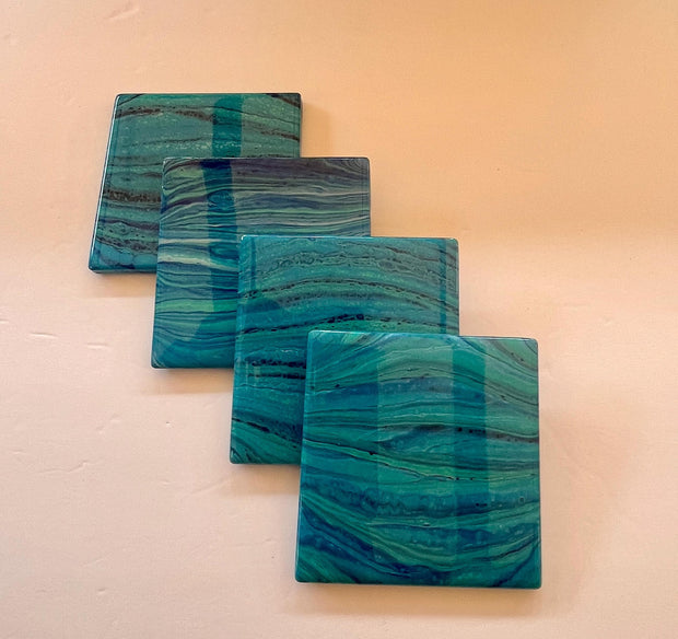 Ocean Ceramic Coaster Set: Resin Sealed Coastal Decor