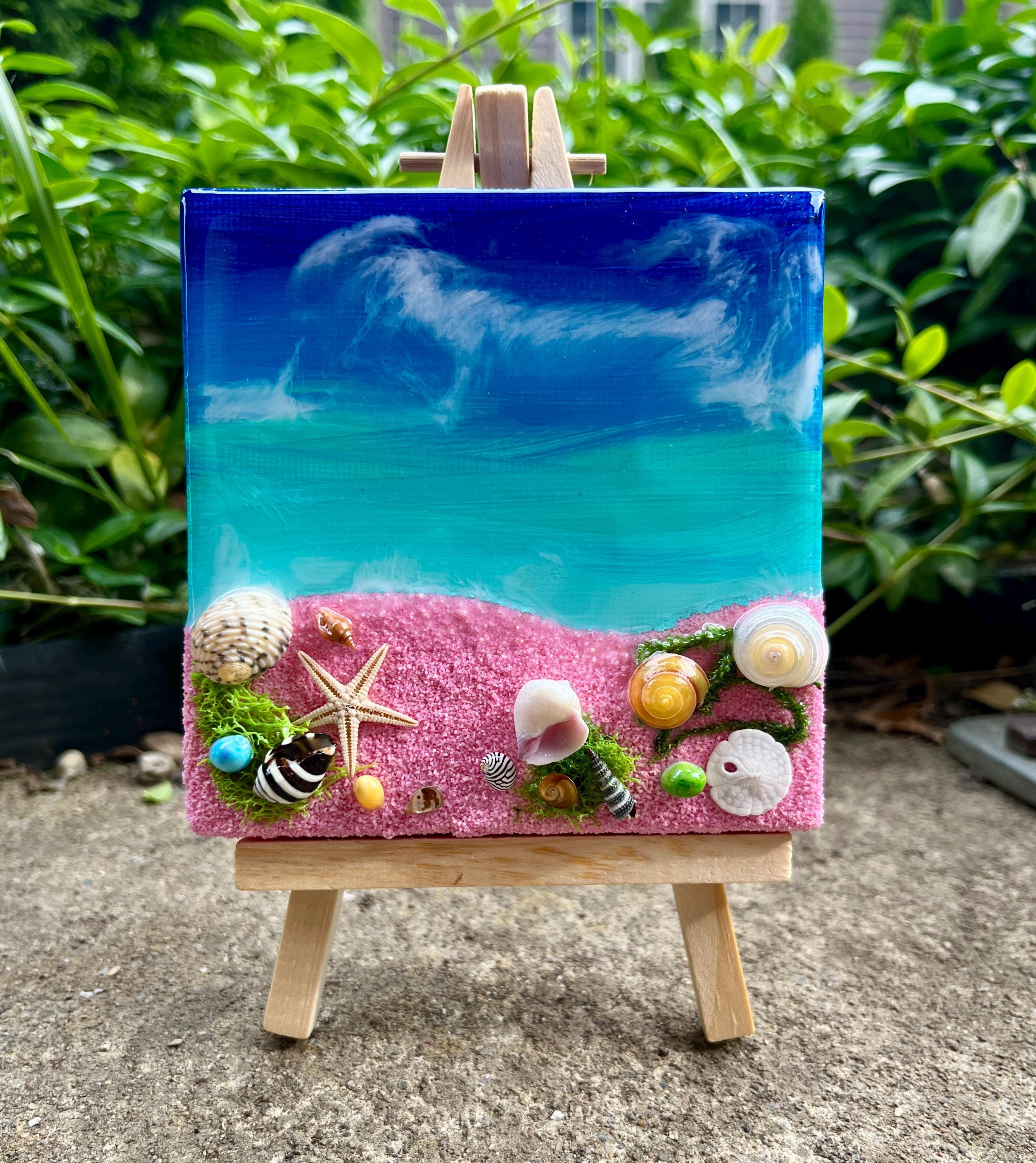 Miniature Beach Canvas Art: Real Sand & Seashell Seascape with Easel
