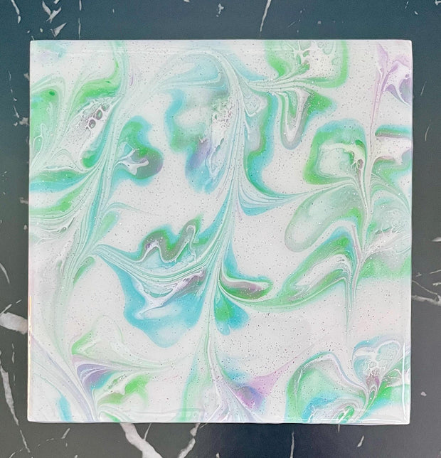 Hand Painted Blue, Green and Purple Tile Trivet,  Food-Safe, Heat-Resistant, One-of-a-kind Kitchen Art