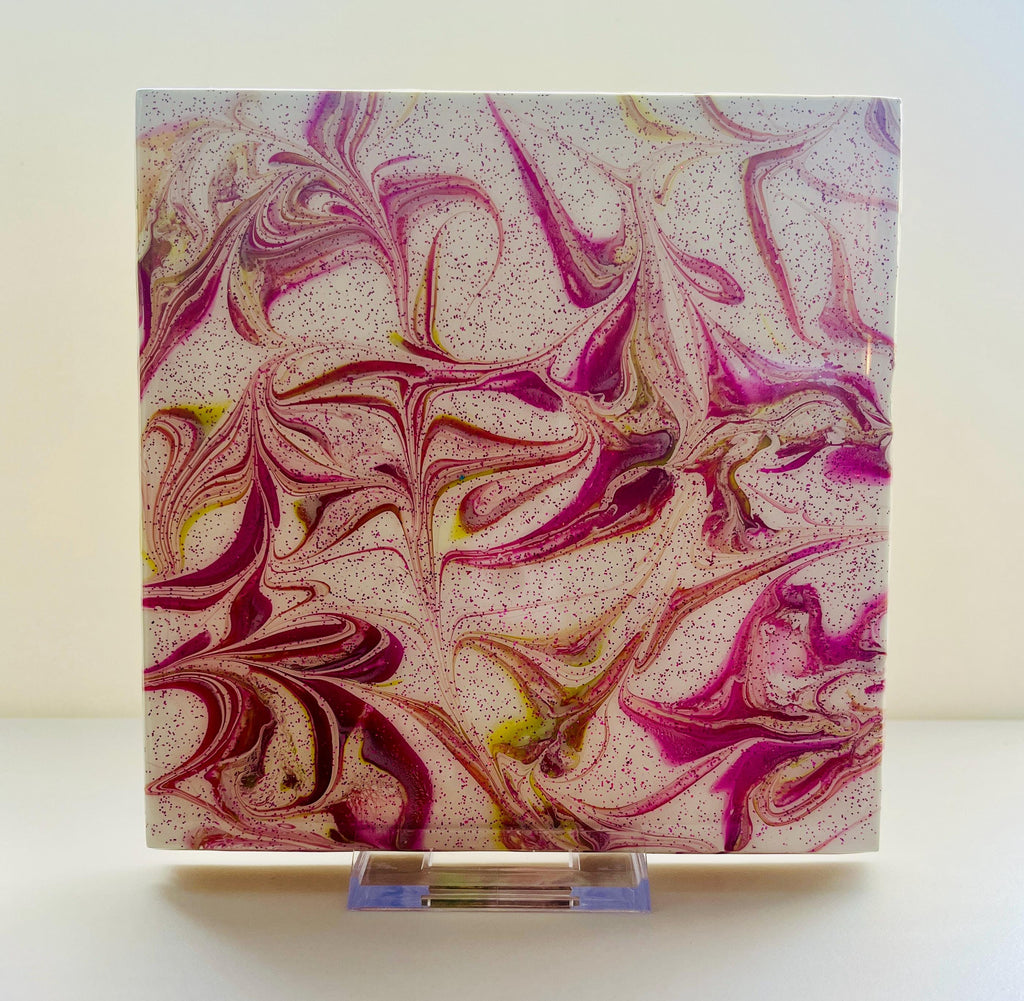 Hand Painted Magenta Trivet with a touch of light green, Food-Safe, Heat-Resistant, One-of-a-Kind Kitchen Art