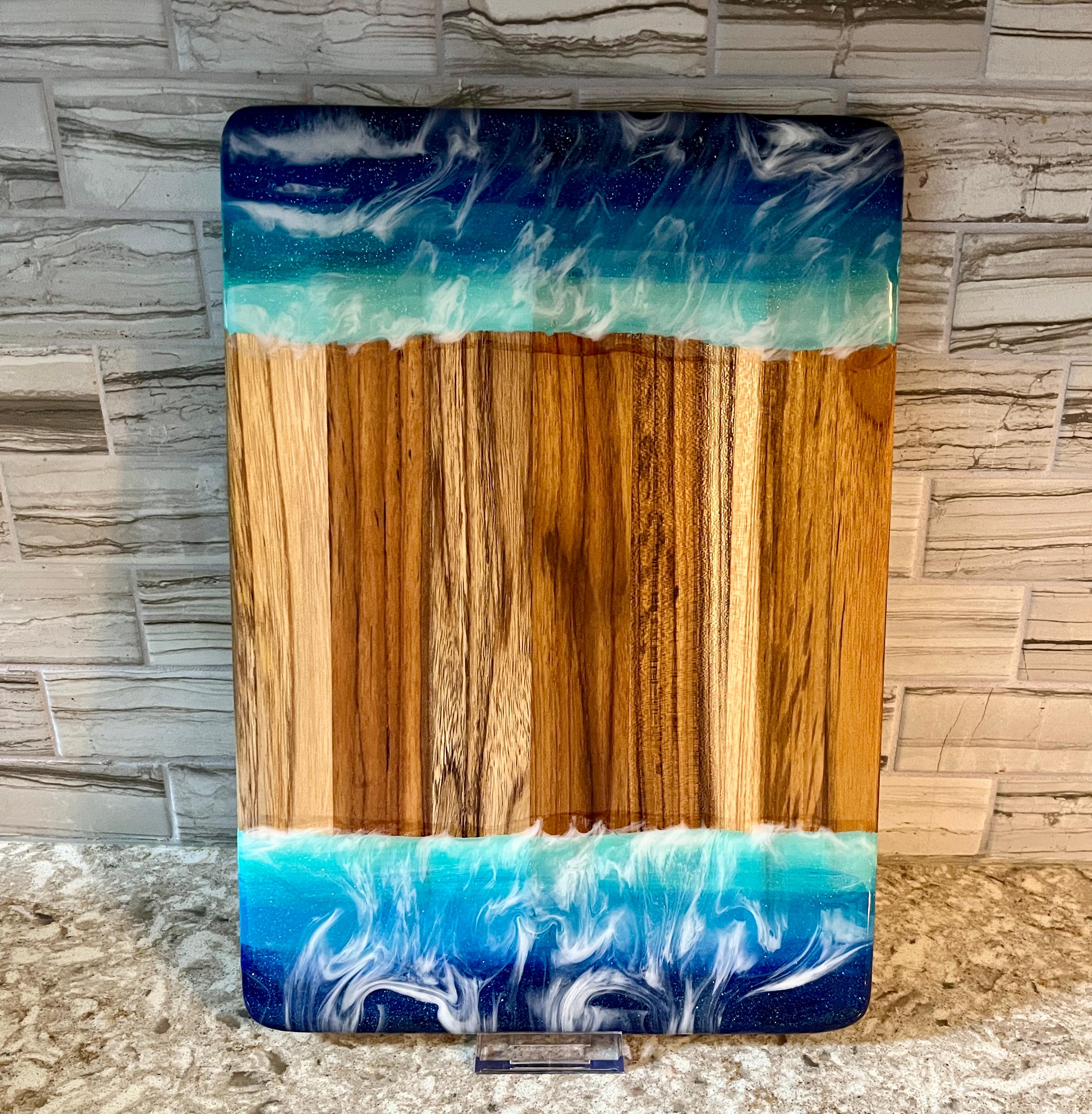 Ocean Resin Art Charcuterie Board: Acacia Wood Coastal Serving Tray