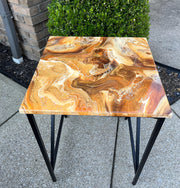 Unique Resin Art Accent Table | Gold & Brown Swirl with Glossy Epoxy Finish
