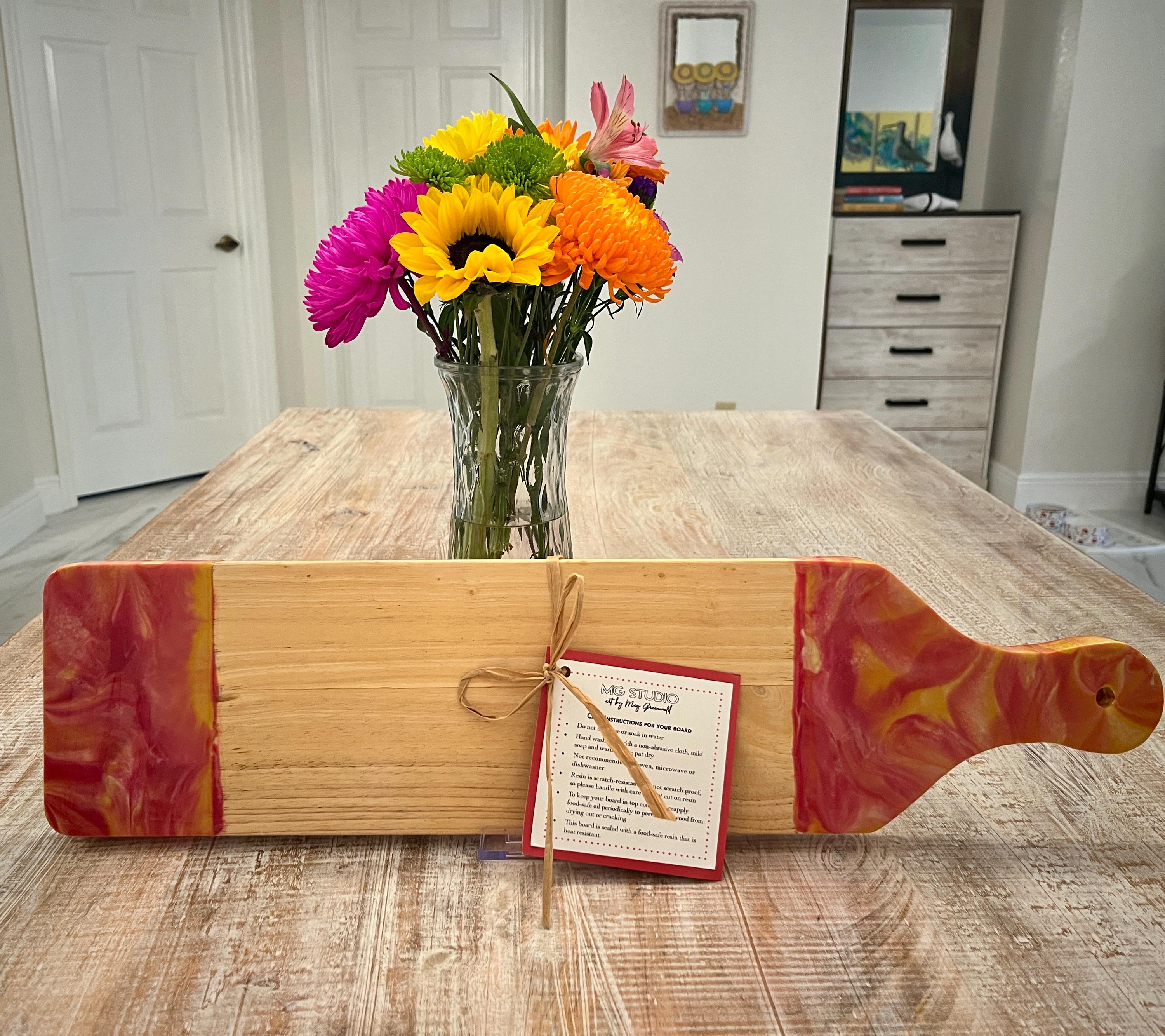Natural Beech Wood Charcuterie/Serving Board with Epoxy Resin Accents, 22.5" x 5.5" x .75"
