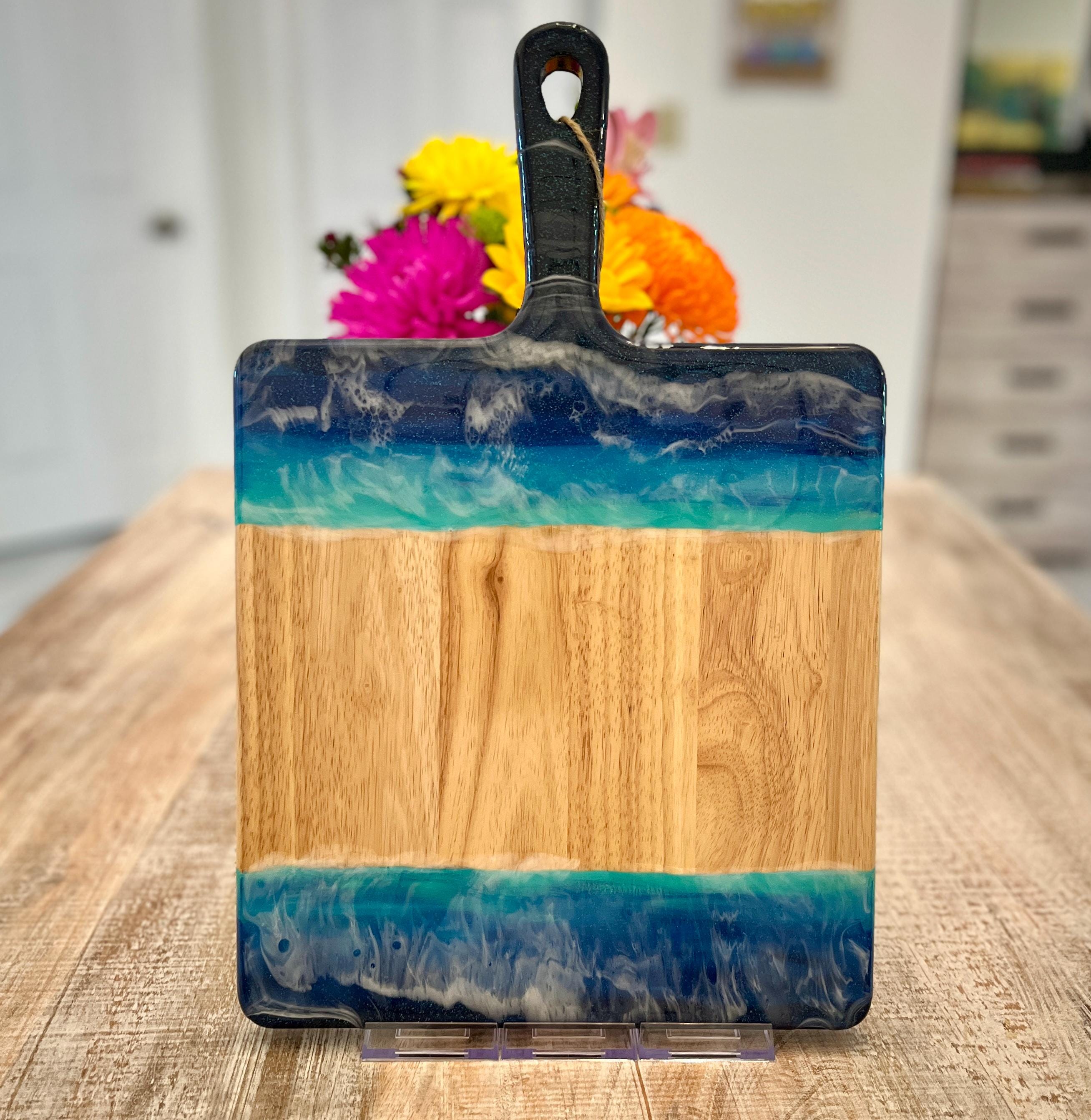 Beach-Themed Acacia Wood Charcuterie Board | Hand-Painted & Resin-Sealed | 17"x11"