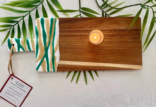 Handmade Acacia Wood Charcuterie Board: Green, Gold & White Resin