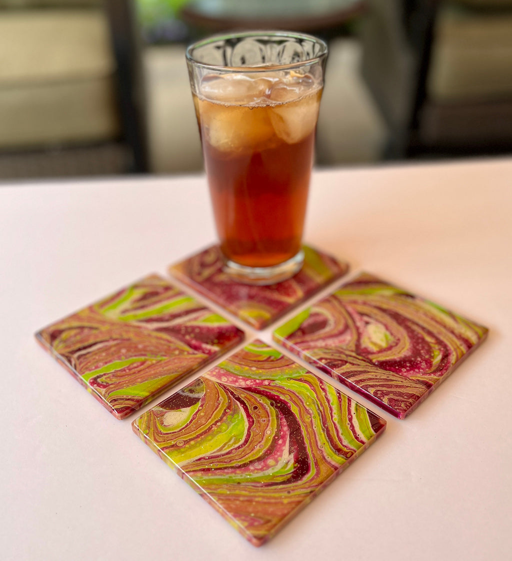 Ceramic Tile Coaster Set: Purple and Green Swirl, Resin Sealed (Set of 4)