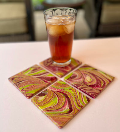 Ceramic Tile Coaster Set: Purple and Green Swirl, Resin Sealed (Set of 4)