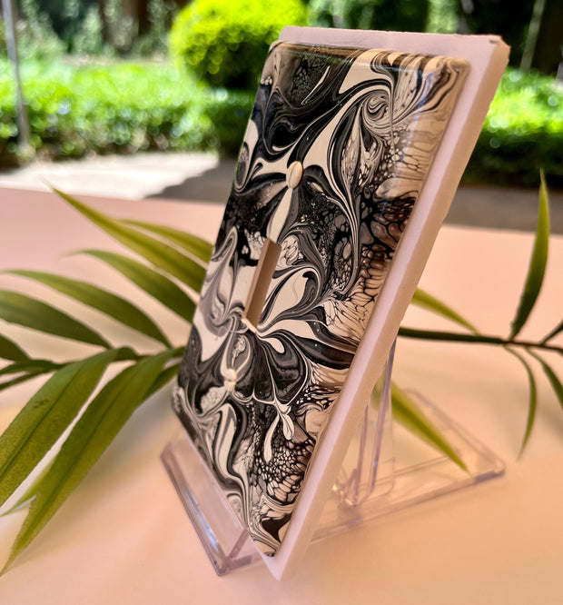 Hand Painted Swirl Single Toggle Switch Cover: Black and White Wall Decor