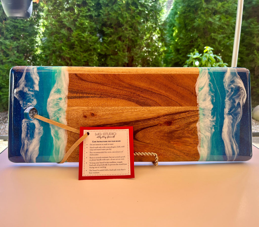 Hand-Painted Beach Wave Charcuterie Board: Acacia Wood Coastal Decor
