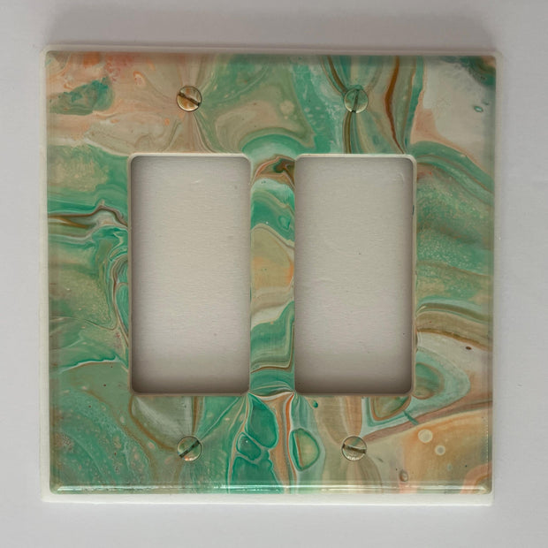 Hand Painted Double Decora Switch Plate Cover: Peach, Green & White