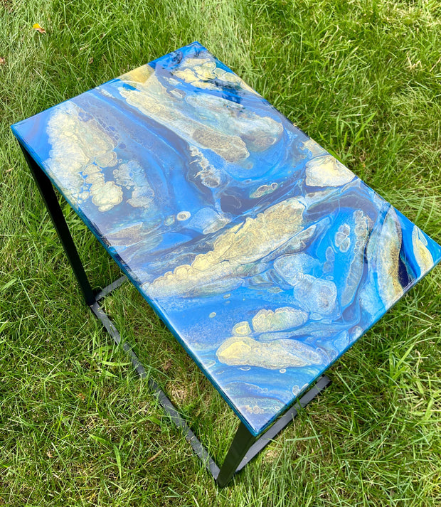 Hand-Painted Epoxy Resin C Table: Blue and Gold Marble Accent Table