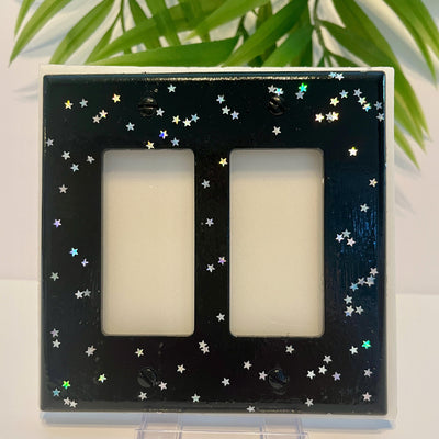 Hand-Painted Double Rocker Light Switch Cover: Black with Silver Glitter Stars