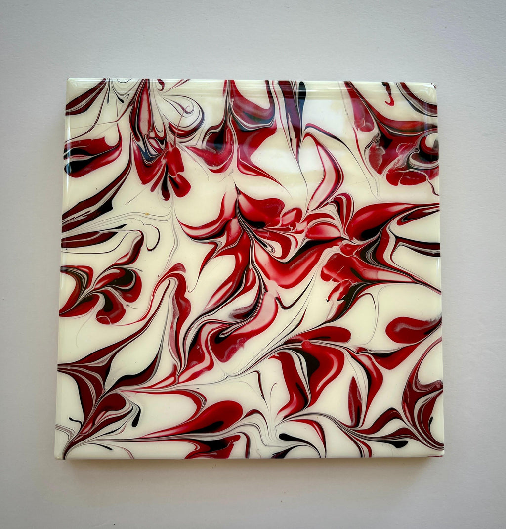 Hand Painted Red, Black and White Tile Trivet, Food-Safe, Heat-Resistant, One-of-a-Kind Kitchen Art