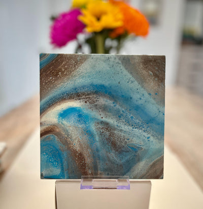 Hand Painted Brown, Blue and Ivory Tile Trivet, Food-Safe, Heat-Resistant, One-of-a-Kind Kitchen Art