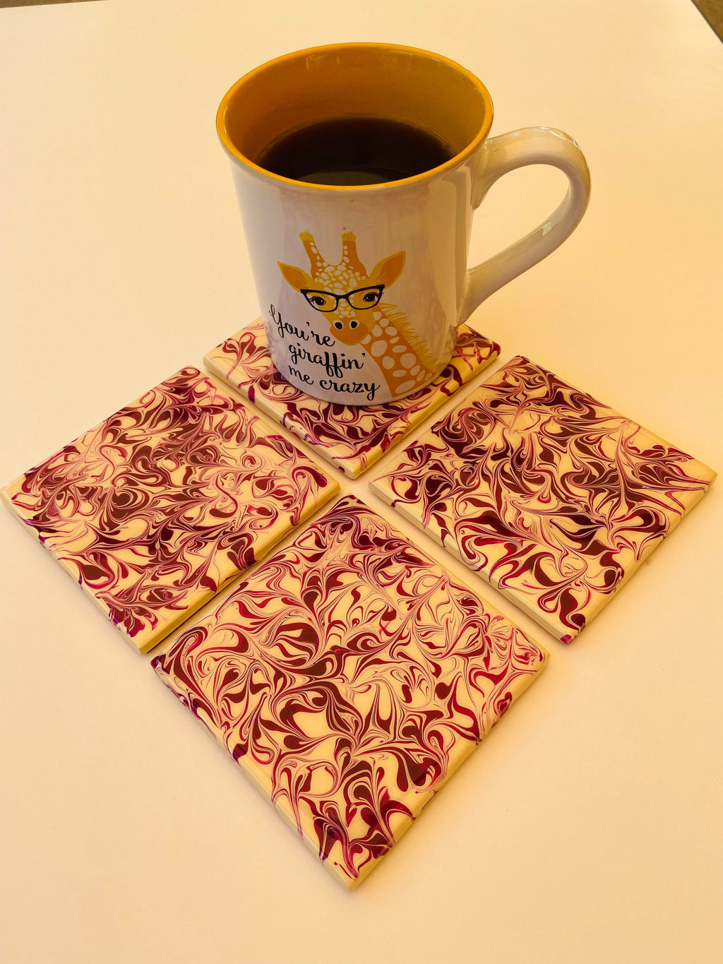 Purple and Ivory Swirl Coaster Set - Handmade Ceramic Tiles, Cork Backing, Resin Sealed