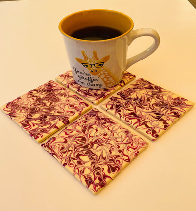 Purple and Ivory Swirl Coaster Set - Handmade Ceramic Tiles, Cork Backing, Resin Sealed