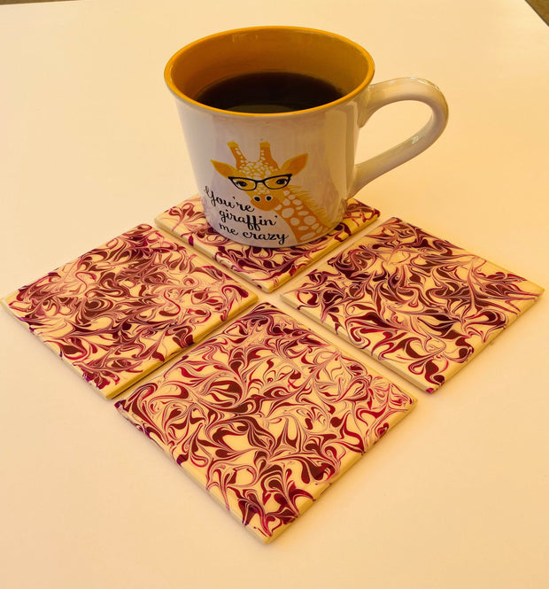 Purple and Ivory Swirl Coaster Set - Handmade Ceramic Tiles, Cork Backing, Resin Sealed