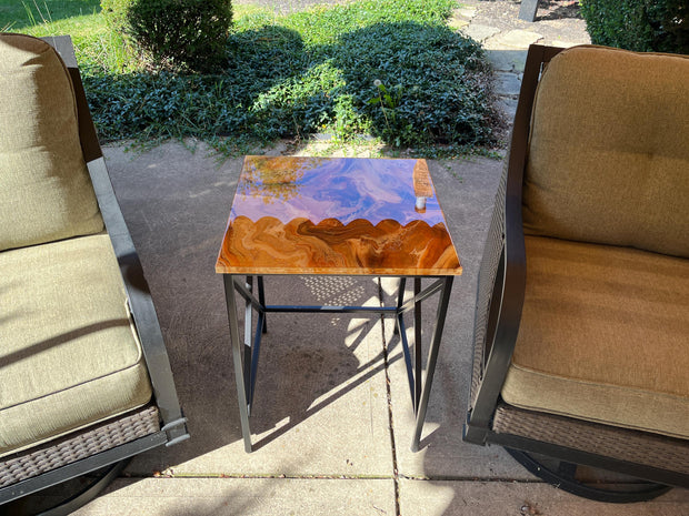 Unique Resin Art Accent Table | Gold & Brown Swirl with Glossy Epoxy Finish