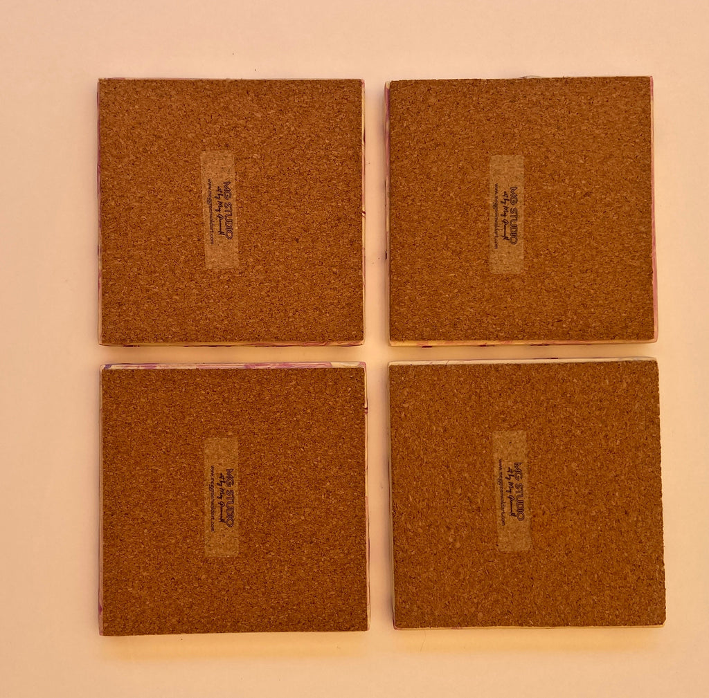 Purple and Ivory Swirl Coaster Set - Handmade Ceramic Tiles, Cork Backing, Resin Sealed