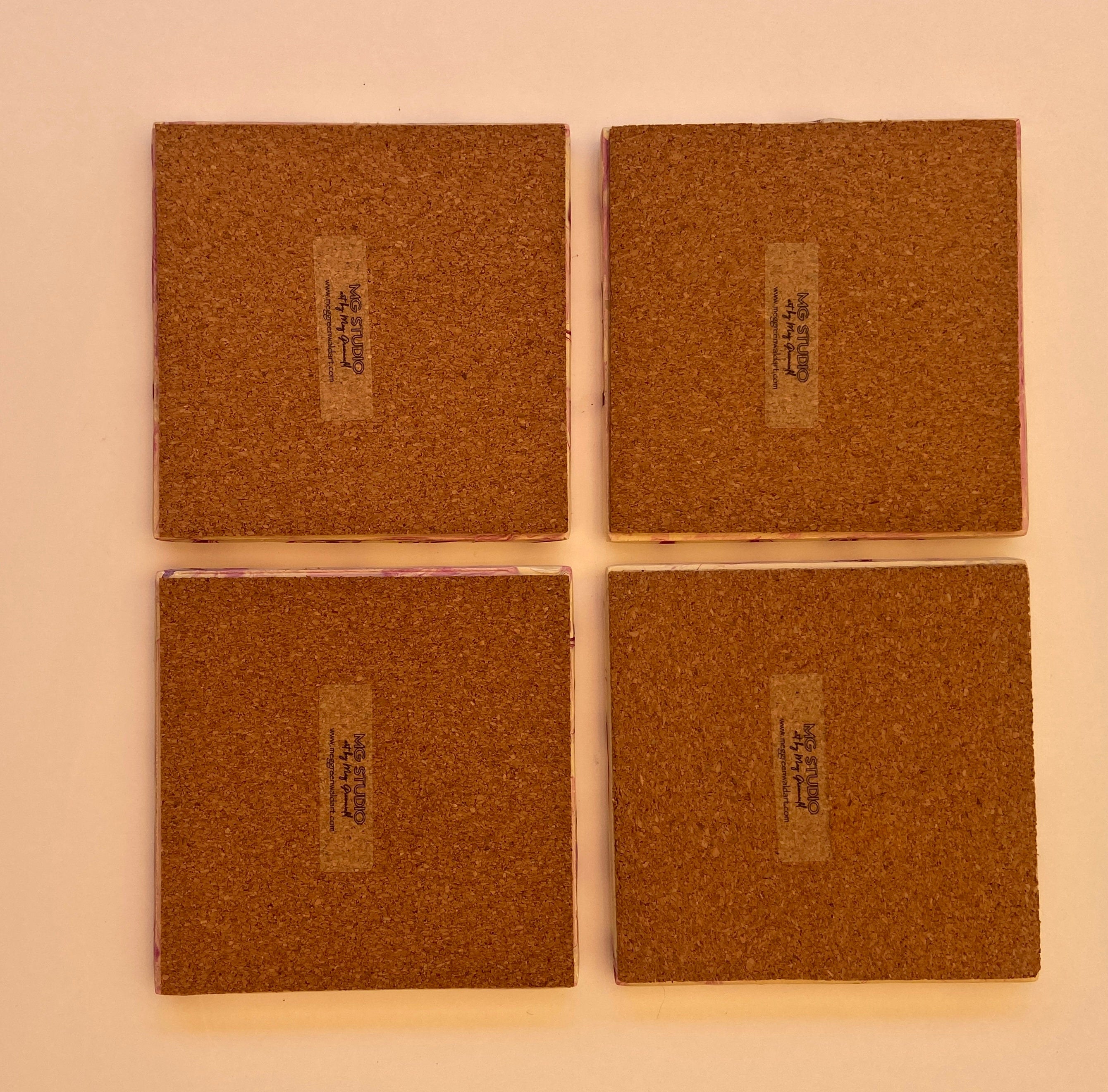 Purple and Ivory Swirl Coaster Set - Handmade Ceramic Tiles, Cork Backing, Resin Sealed