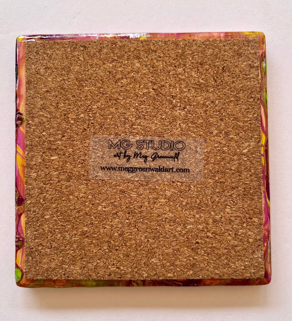 Ceramic Tile Coaster Set: Purple and Green Swirl, Resin Sealed (Set of 4)