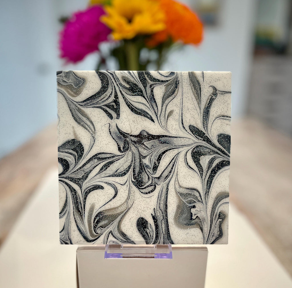Hand Painted Gray, Black and White with Iridescent Glitter, Food-Safe, Heat-Resistant, One-of-a-Kind Kitchen Art