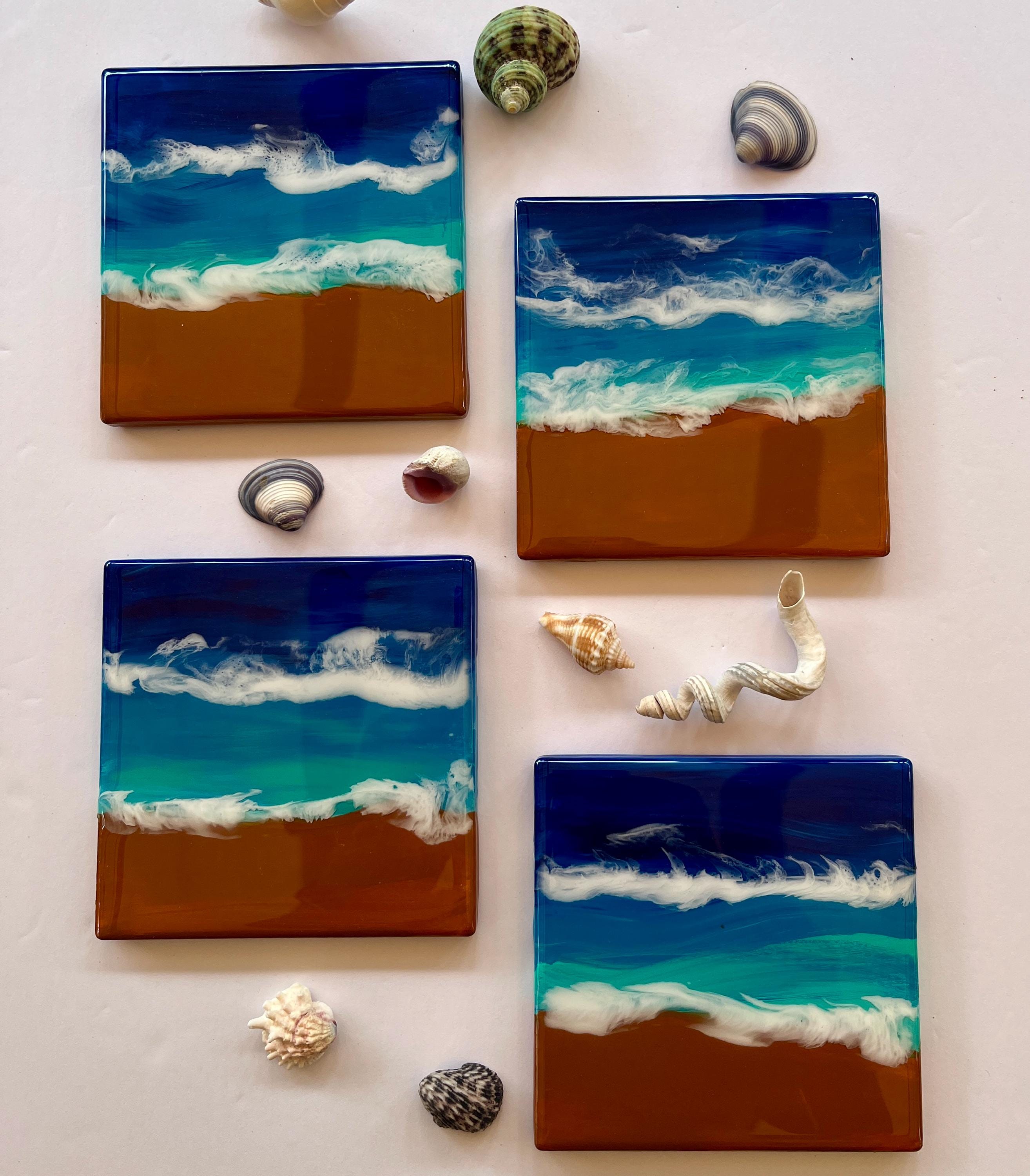 Coastal Ceramic Coasters – Set of 4 Beach-Themed, Hand-Painted & Resin Sealed Drink Coasters