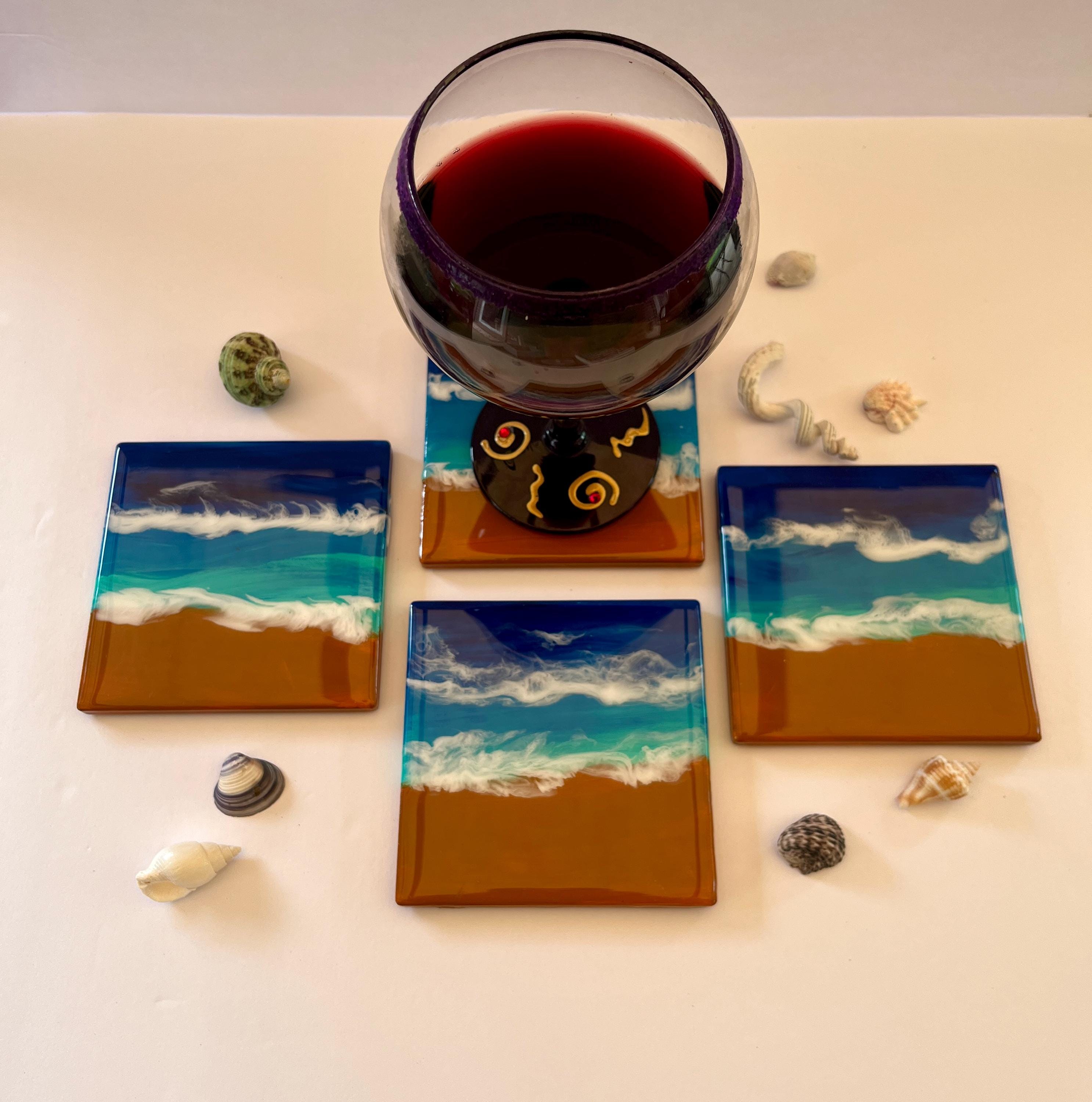 Coastal Ceramic Coasters – Set of 4 Beach-Themed, Hand-Painted & Resin Sealed Drink Coasters