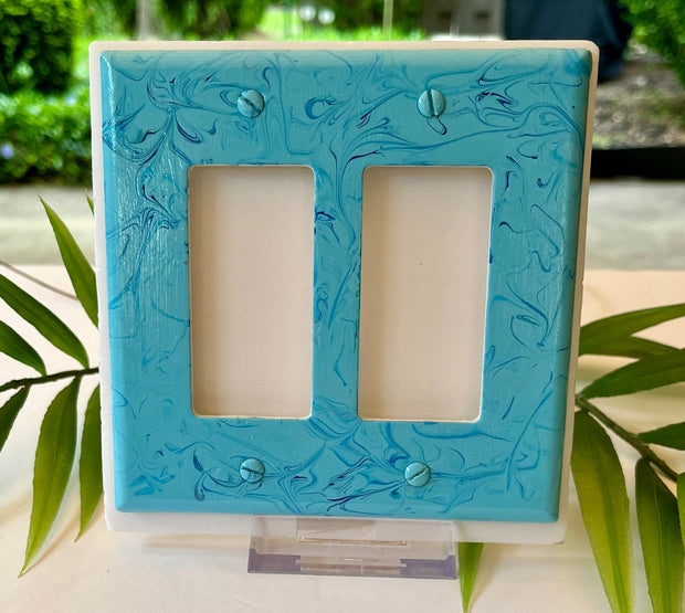 Hand-Painted Double Rocker Light Switch Cover: Light Blue Swirls